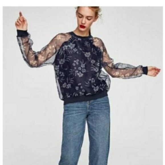 Zara basics floral sheer crew neck top. Size m/l - Picture 1 of 6